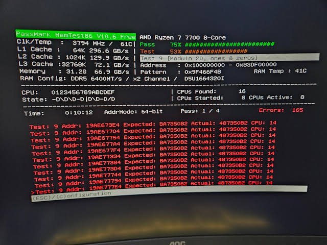 Captura de MemTest86 mostrando el test de memoria en ejecución